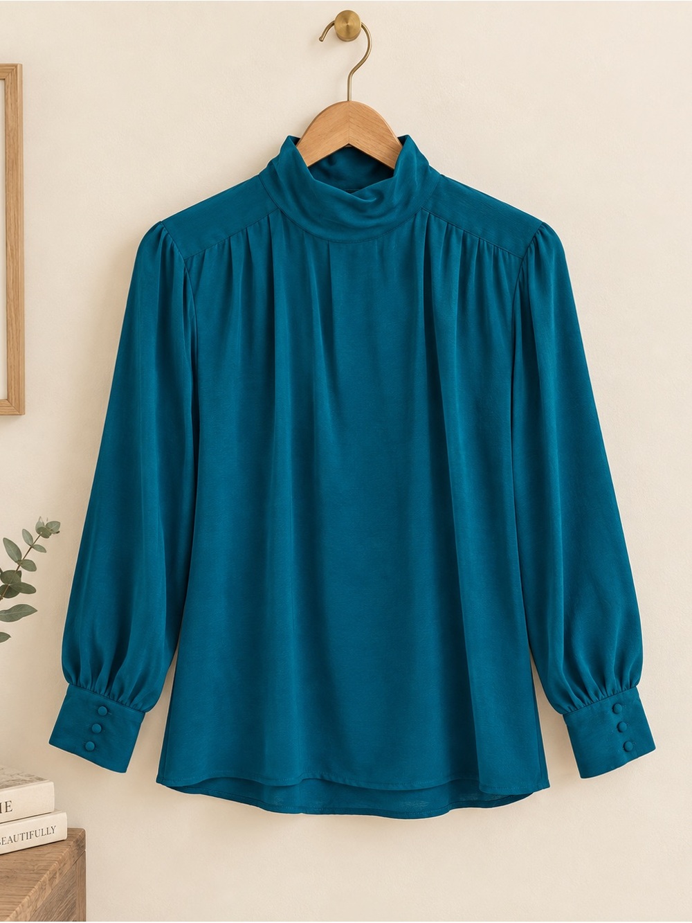 Weathervane vintage teal high-neck blouse with gathered shoulder pleats an
